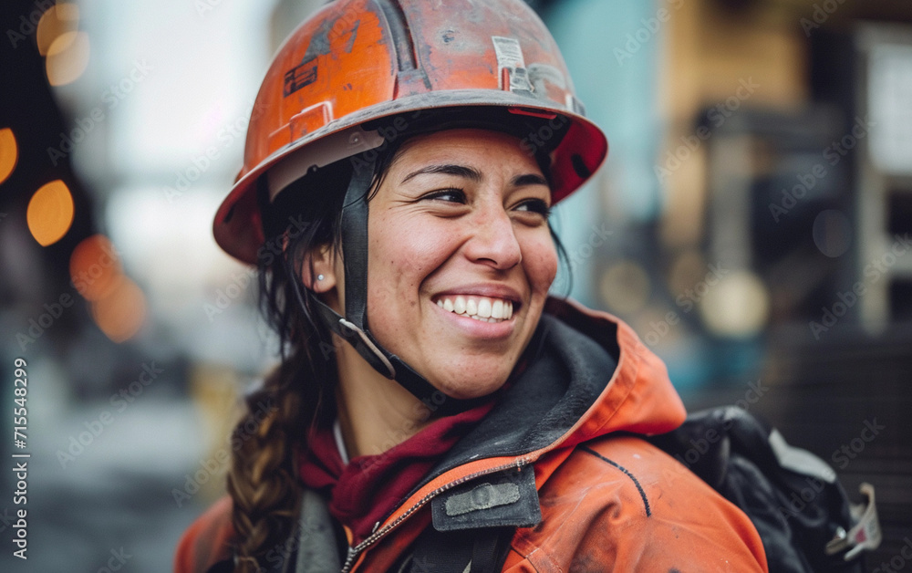 Smiling Woman in Hard Hat at Worksite Smiling Woman in Hard Hat at Worksite