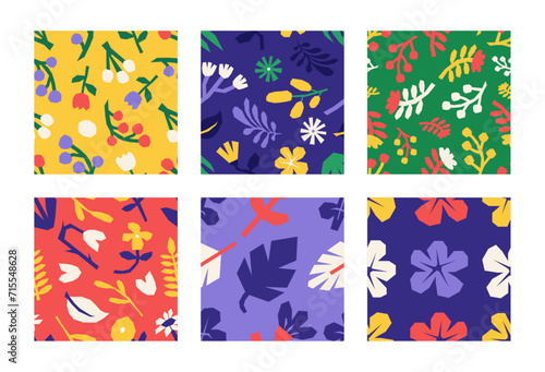 Set of colorful floral seamless pattern. Botanical isolated flat vector illustrations. Minimalist plants cutouts set. Hand drawn nature elements for wrapping paper, wallpaper, textile or branding.