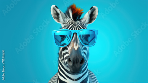 trendy zebra with fashionable eyewear  isolated blue background. creative and whimsical animal portrait for unique graphic designs