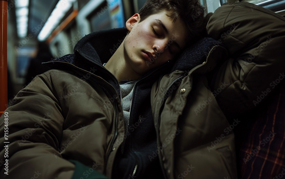 Fototapeta premium Young Man Sleeping on Subway Train
