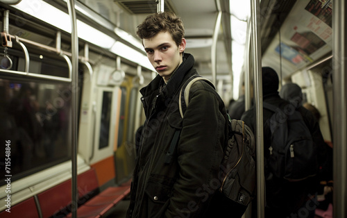 Young Man Standing on Subway Train