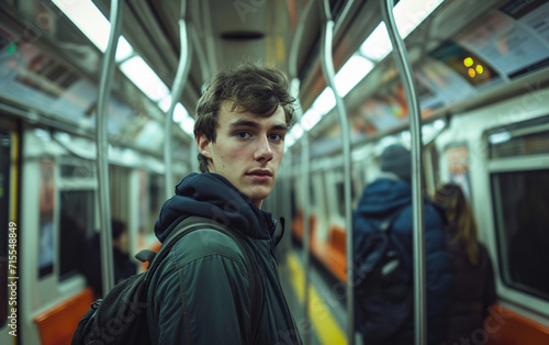 Young Man Standing on Subway Train, Commuting With Confidence and Determination