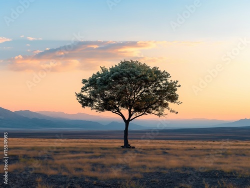 A lone tree in a vast and minimalist landscape during the golden hour
