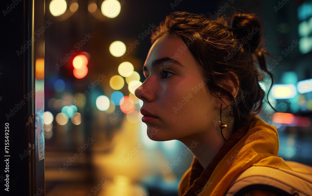 Woman Observing Night Scenery Through Window, Peacefully Engaged in Reflection