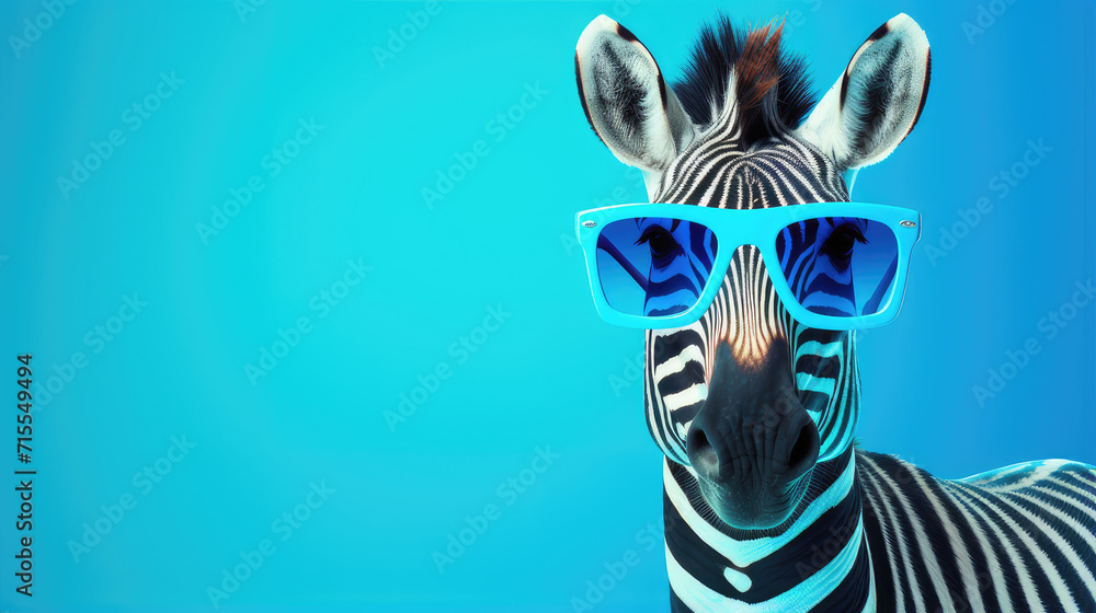 cool zebra wearing sunglasses on a vibrant blue background. stylish and funky wildlife image perfect for modern decor - obrazy, fototapety, plakaty 