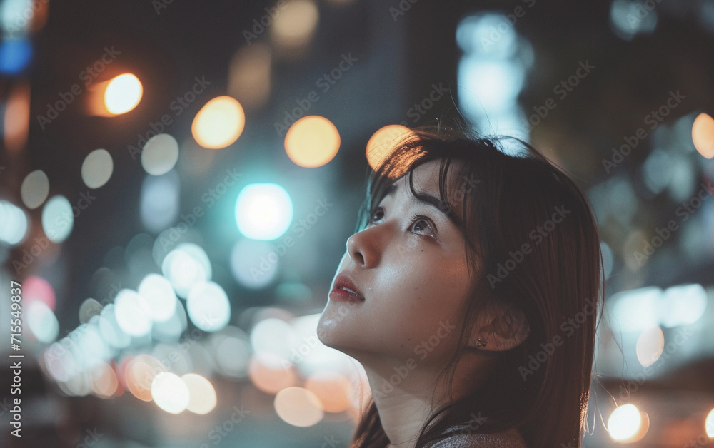 Woman Gazing Skyward, A Serene Nighttime Moment of Contemplation and Wonder