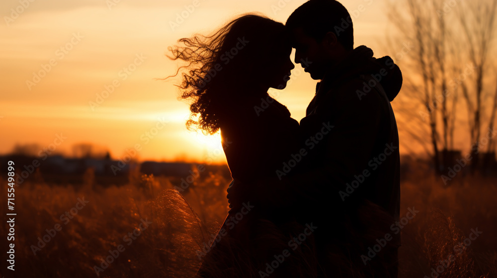 Couple kissing at sunset.