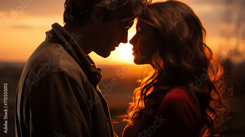 Couple kissing at sunset.