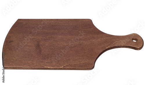 Wooden brown cutting board isolated on a transparent background. The view is from an angle. Completely in focus.