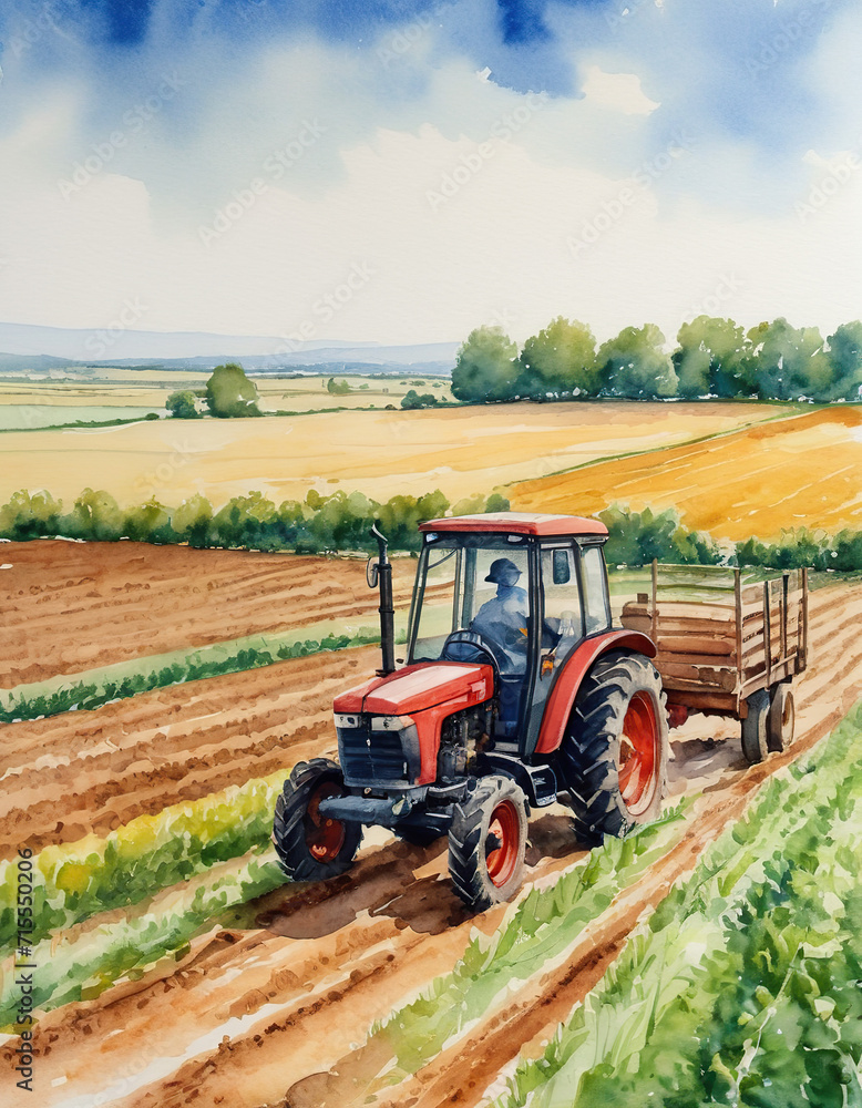 Fototapeta premium tractor on field watercolor drawing