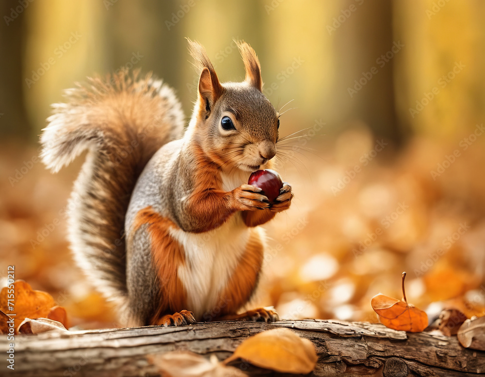Obraz premium A squirrel holding a nut. Animals in the autumn forest. Wildlife background