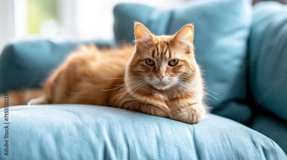 Domestic red cat on a blue sofa of a cozy scandinavian interior house. Daylight, brightly lit room.