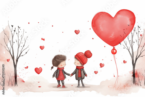 Valentine's Love story of a boy and a girl carrying red heart baloons. AI generative.