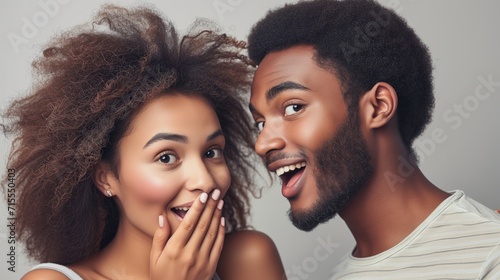 African american man wispering something to his woman's ear on neutral gray background scheming