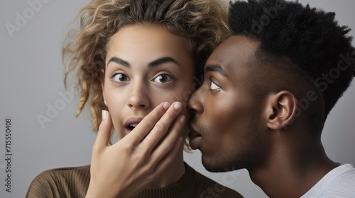 African american man wispering something to caucasian woman's ear on neutral gray background scheming photo