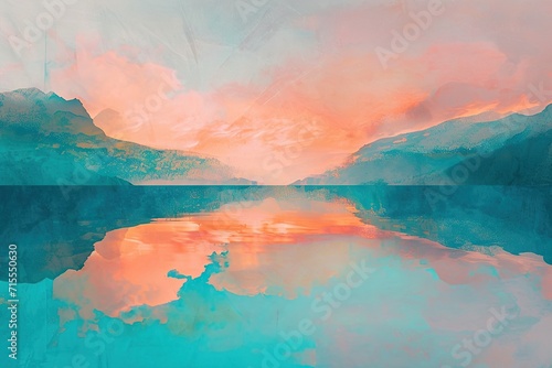 An abstract landscape that conveys the concept of a sunrise over a mountain lake with pink and orange clouds reflecting in the still, turquoise water photo