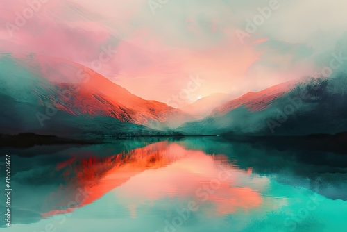 An abstract landscape that conveys the concept of a sunrise over a mountain lake with pink and orange clouds reflecting in the still, turquoise water