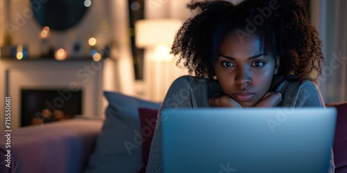 A Soulful African American Woman Faces Unsettling News While Engaging With Social Media. Сoncept Identity Crisis, Social Media Addiction, Challenging Personal Circumstances, Emotional Turmoil