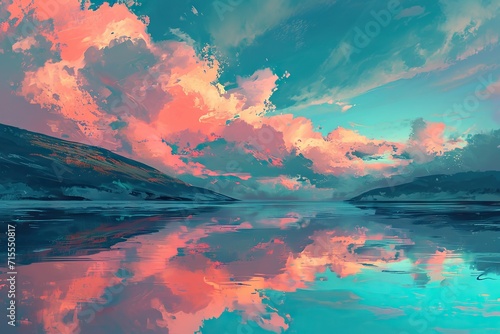 An abstract landscape that conveys the concept of a sunrise over a mountain lake with pink and orange clouds reflecting in the still, turquoise water