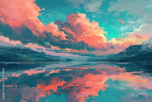 An abstract landscape that conveys the concept of a sunrise over a mountain lake with pink and orange clouds reflecting in the still, turquoise water © Praphan