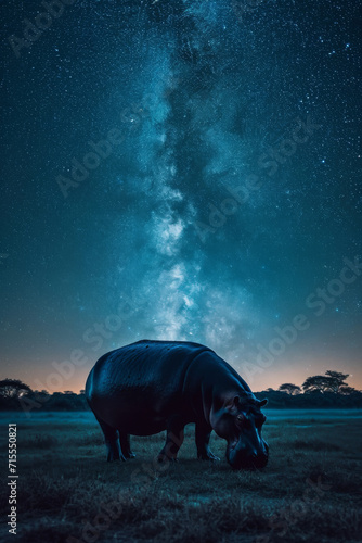Afrikanischen Savanne Flußpferd unter einem Sternenhimmel 