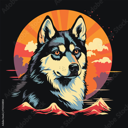  Retro Siberian Husky dog Sunset beach vector illustration, Retro Siberian Husky Dog Tshirt Design