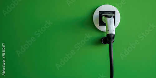 Green Background With An Electric Car Charging Cable Connected To A Charging Port. Сoncept Eco-Friendly Transportation, Electric Cars, Sustainable Energy, Charging Port Technology, Green Background