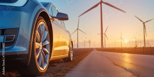 An Electric Car Glides Past A Wind Turbine Farm, Embracing Renewable Energy. Сoncept Renewable Energy Revolution, Electric Mobility, Wind Power, Sustainable Transportation, Clean Energy Transition