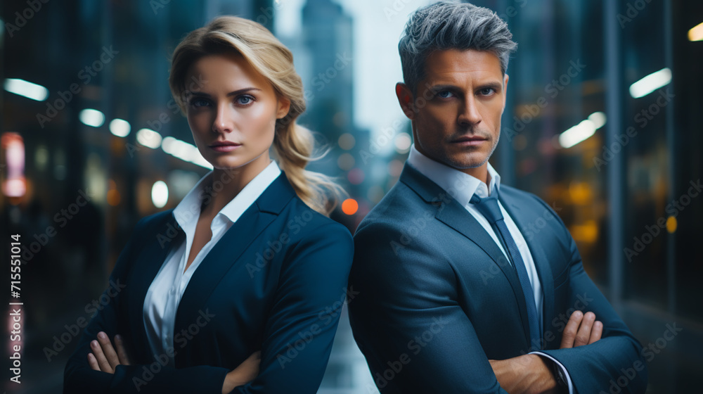 Successful happy businessman and businesswoman standing back to back with arms crossed and smiling at camera, office interior. Partnership concept Successful happy businessman and businesswoman standing back to back with arms crossed and smiling at camera, office interior. Partnership concept