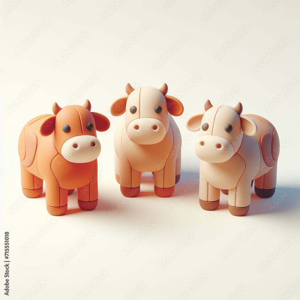 Three Cute Cartoon Cows. 3D Cartoon Clay Illustration on a light background. Three Cute Cartoon Cows. 3D Cartoon Clay Illustration on a light background.