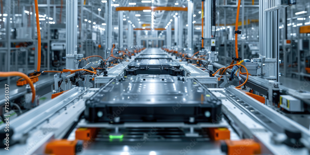 Assembly Line Producing Lithiumion Highvoltage Batteries For Electric And Hybrid Vehicles. Сoncept Automotive Electrification, Lithium-Ion Batteries, Electric Vehicle Technologies - obrazy, fototapety, plakaty 
