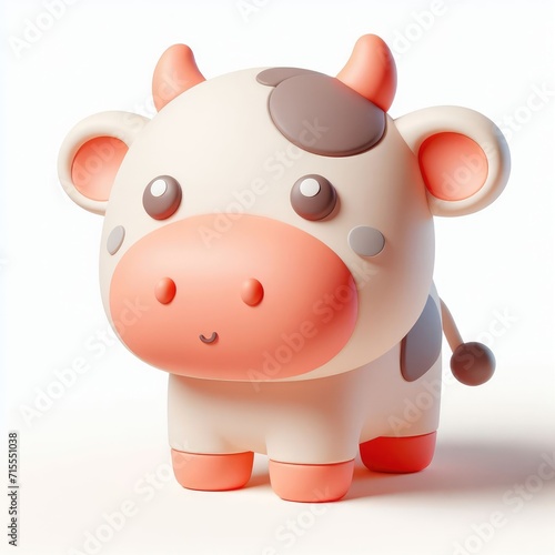 Cute Cartoon Cow. 3D Cartoon Clay Illustration on a light background.