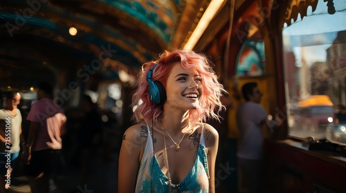 urban girl on the street with headphones