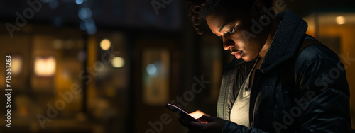 Young mobile phone addict man awake at night using smartphone for chatting, flirting and sending text message.