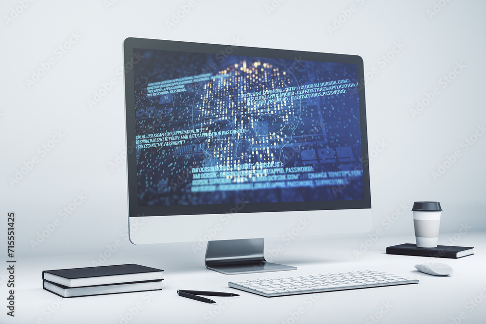 Creative concept of code skull illustration on modern laptop screen. Hacking and phishing concept. 3D Rendering Creative concept of code skull illustration on modern laptop screen. Hacking and phishing concept. 3D Rendering