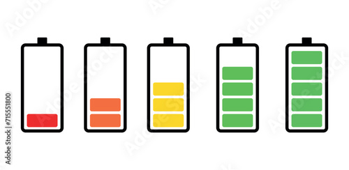 Flat icons of cell phone battery charging from 0 to 100%. Cell phone charging bar.