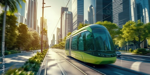 Green Public Transportation Navigating Futuristic City Streets, Promoting Ecofriendly Urban Mobility. Сoncept Sustainable Energy Solutions, Renewable Energy Technologies, Green Building Designs