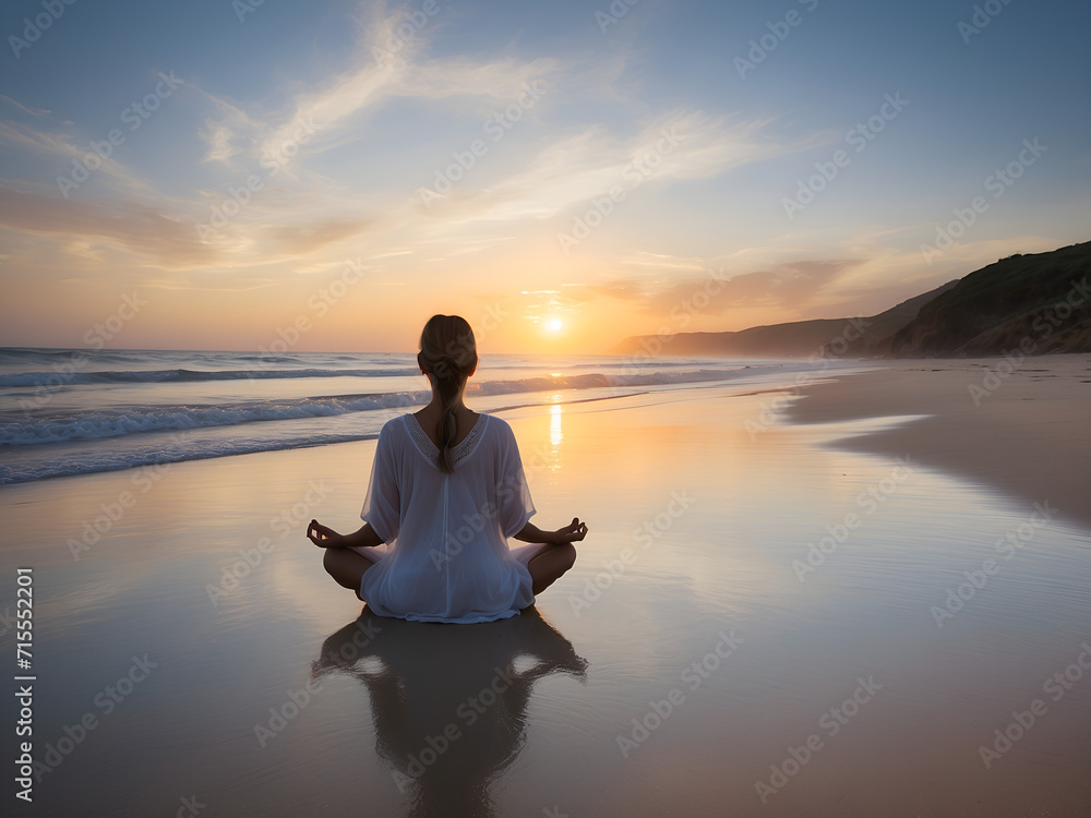 person meditating on the beach at sunset