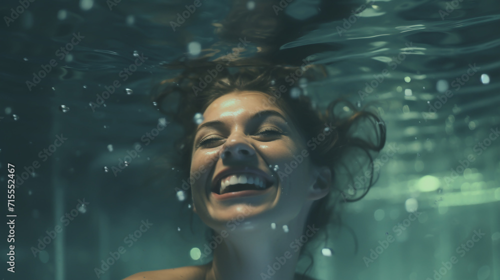 Underwater woman portrait in swimming pool. Underwater woman portrait in swimming pool.