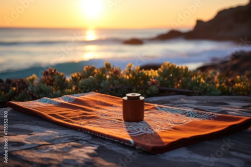 A thermos for a drink and a yoga mat against the backdrop of a sunset by the sea. Yoga and meditation class concept