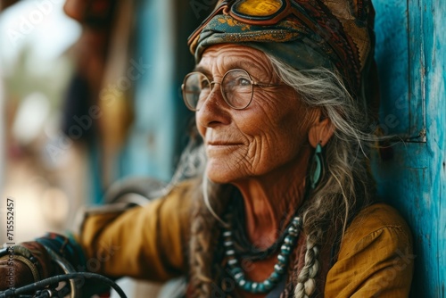 Portrait of old woman in a headband  with glasses  wearing bright colored informal psychedelic clothes in gypsy or hippie style. Concepts  wisdom  freedom. active longevity  health  ethnic flavor