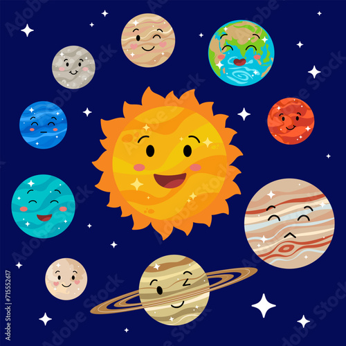 Cartoon planets. Solar system for kids. Galaxy. Mercury, Venus, Mars, Earth, Saturn, Uranus, Pluto, Jupiter, Neptune, Sun. Funny planets for children. Flat vector illustration.
