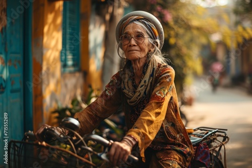 Portrait of old woman with glasses on a bike, wearing bright colored informal psychedelic clothes in gypsy or hippie style. Concepts: wisdom, freedom. active longevity, health, ethnic flavor