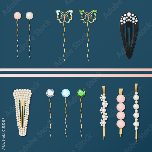 Hair clips and hair pins with pearls and green, blue and white gems. Elegant beautiful golden hair clips with shiny gem stones. Fashion. Butterfly hair pins. Realistic vector illustration