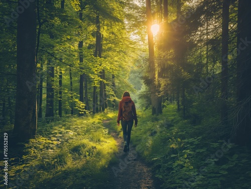A person walking through a green forest