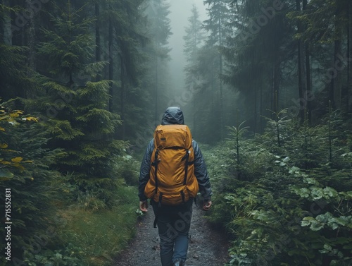 A person walking through a green forest