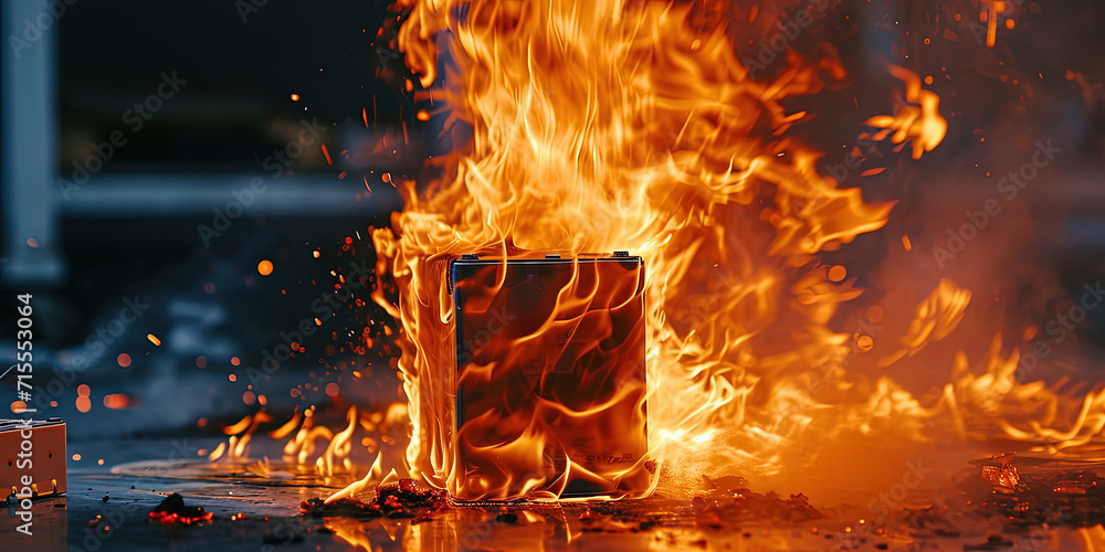 Highlighting The Perilous Consequences Of Lithium-Ion Battery Fires With A Compelling Image. Сoncept Battery Safety, Lithium-Ion Fires, Danger Of Technology, Visual Impact - obrazy, fototapety, plakaty 