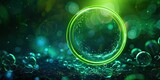 Bubbles Illuminated With Neon Green Light Ring On Dark Round Frame. Сoncept Glowing Bubble Photography, Neon Green Light Ring, Dark And Mysterious, Round Frame Accent