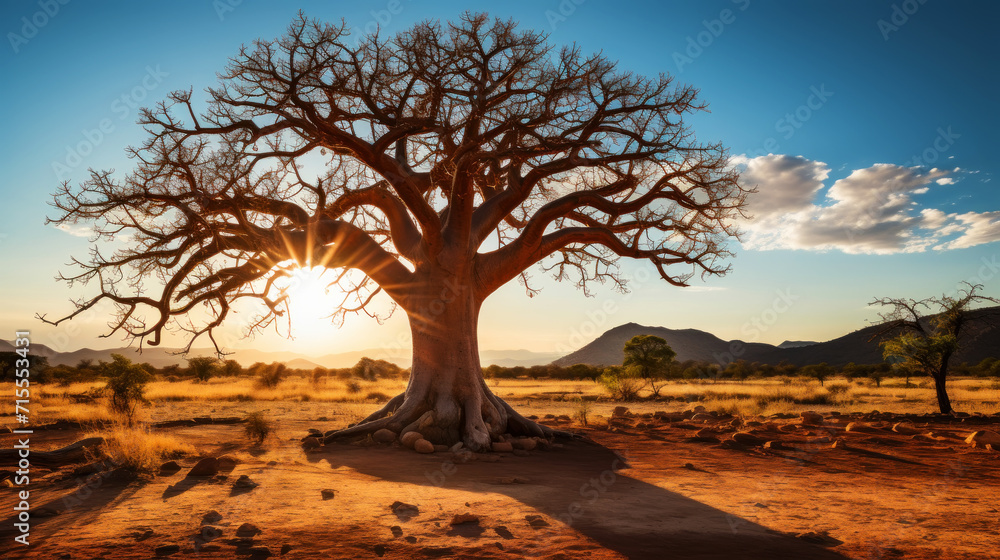 Close-up of a baobab tree against a desert background. Scorching heat, sunshine. Desert landscape. Generative AI