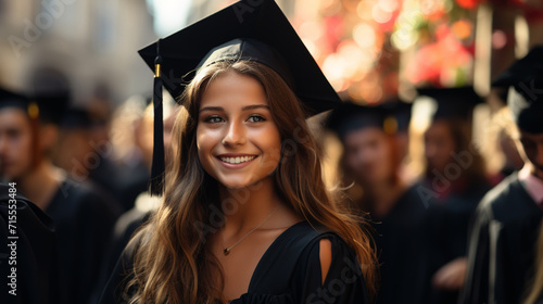 Graduate girl with master degree in black graduation robe and cap happy young woman careerist have success in her business. photo